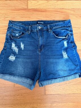 Distressed Dark Blue Denim Shorts